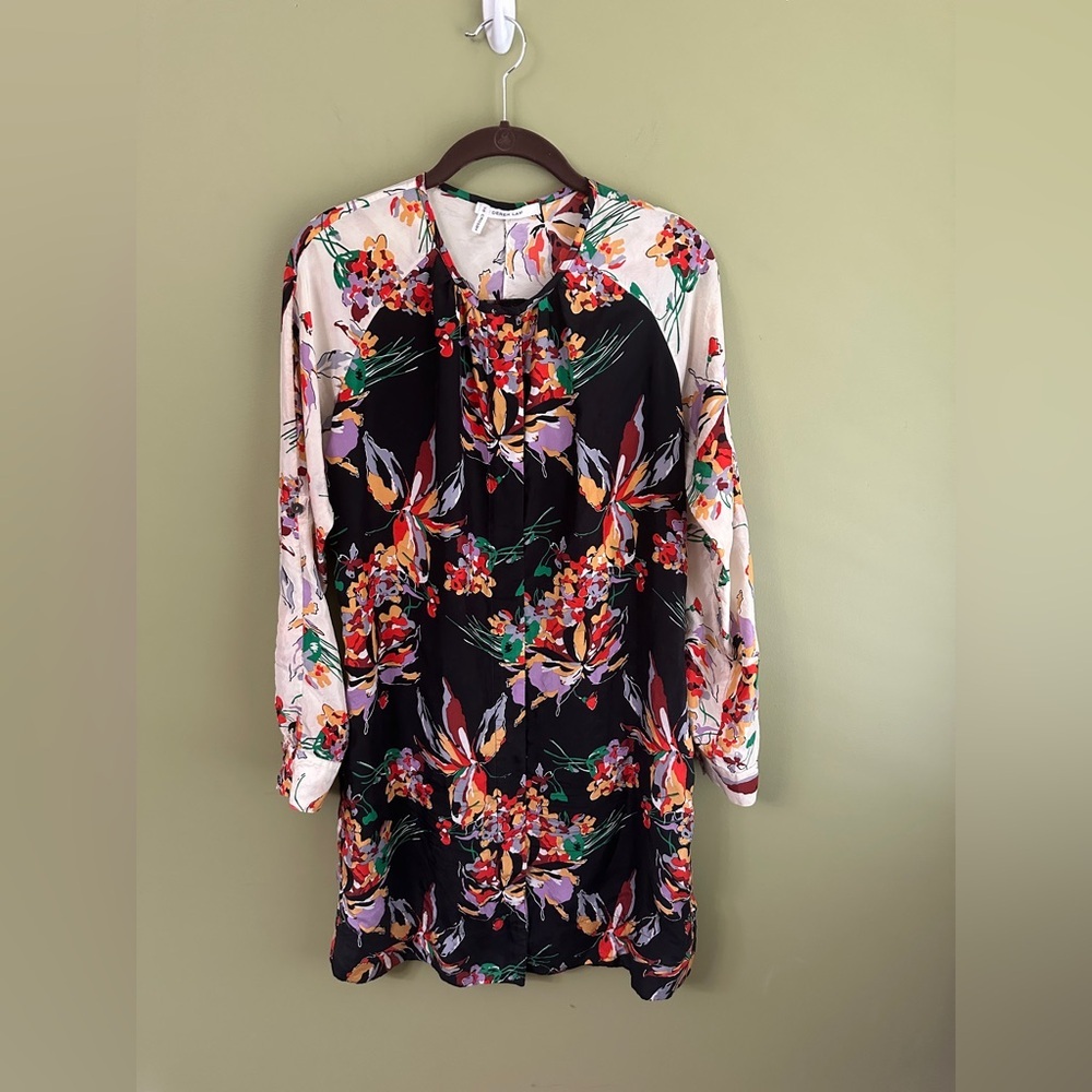 Derek Lam 10 Crosby Floral Silk‎ Shirt Dress Size 4 Mini Long Sleeve Button READ